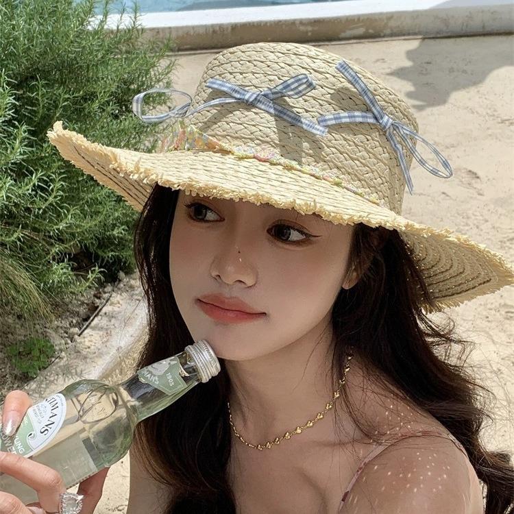 

French bow flower flat top straw hat women s summer seaside beach vacation big brim sunshade sun hat M（56-58cm）