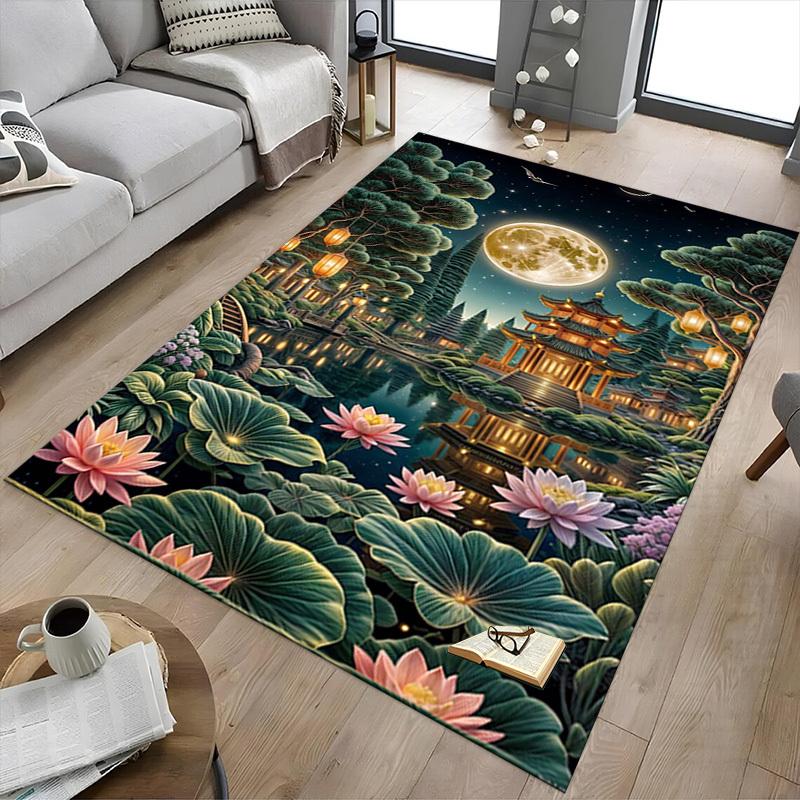 1PC Moonlit Temple Lotus Pond Non-Slip Floor Carpet Compatible for Office&Living Room&Bedroom&Dining Room - Flat - Weave Machine-S0333