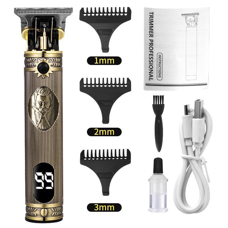 Retro T9 Electric Hair Clipper with LCD Display, USB Charging, Buddha Head Design, Oil Head Styling, and Power Push Technology.