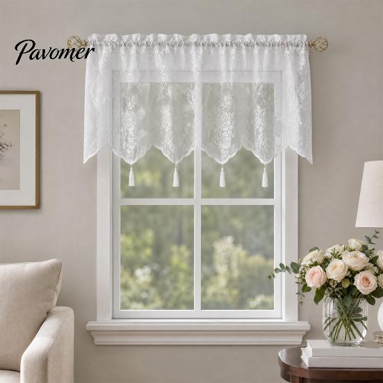 French Rose Lace Curtain Window Valance Curtain, White Sheer Short with Tassels And Rod Pocket, Vintage Light Filtering for Living Room Bedroom Breeze