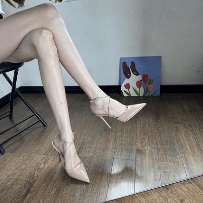 Spring and Summer Pointed Toe Nude Patent Leather High Heels Women's Stiletto Straps Beautiful Temperament Single Shoes Sexy Sandals