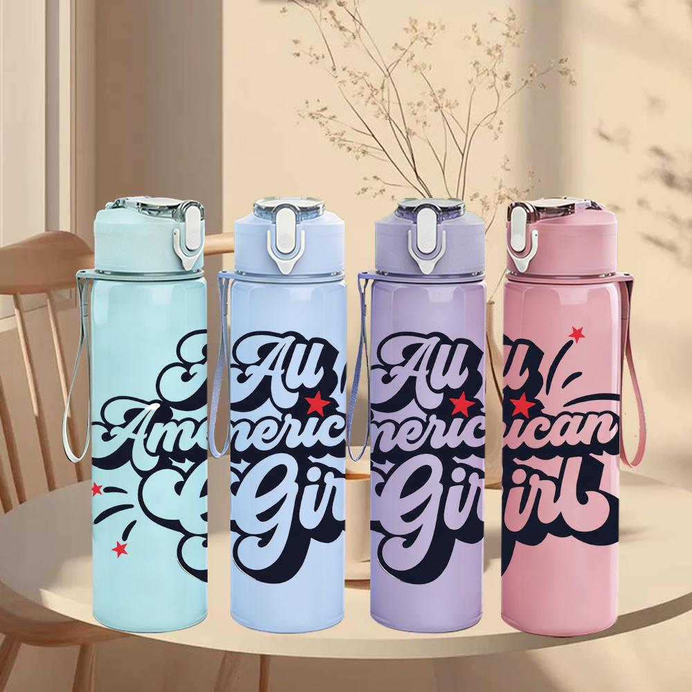1PC All American Girl Letter Graphic,750ml Color Plastic Sports Water Bottle,Leakproof Flip Straw Lid,Suitable for Sports Office Home Use