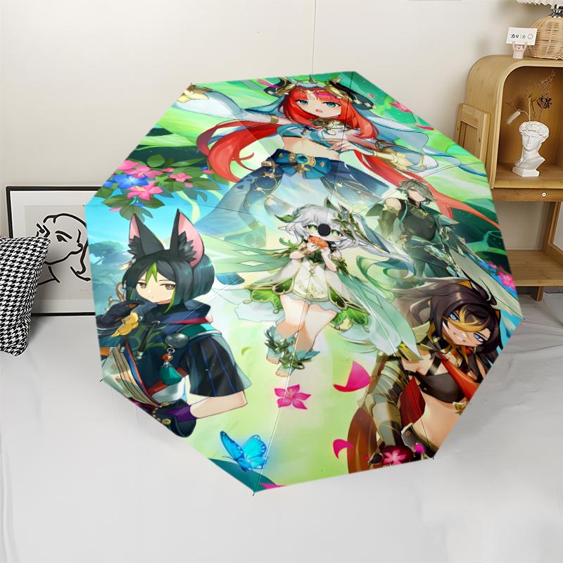 Genshin Impact characters1 Print Automatic Umbrella, 8 Rib Iron Frame, Plastic Handle, Suitable for Outdoor Travel &Daily , Ideal Gift