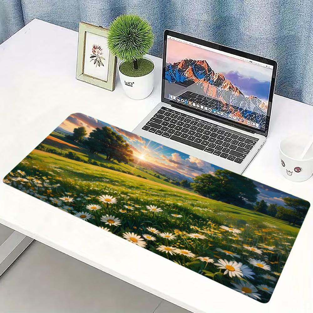 Natural Daisy Meadow Large Extended Gaming Mouse Pad Non Slip Desk Surface Sunrise Landscape Print For Gaming And Office Setup