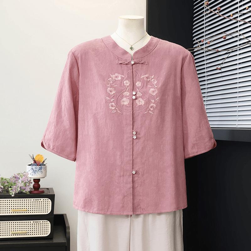 Yuzhaolin New Chinese Style Embroidered Summer Shirt for Middle-Aged Women XL