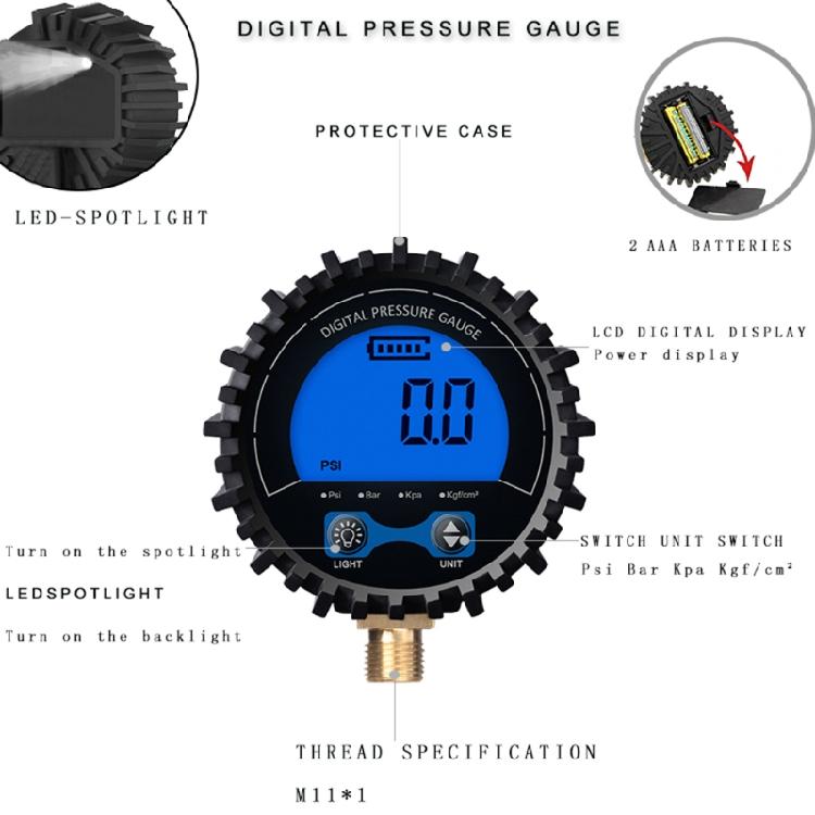 Digital Tyre Pressure Gauge Multiple Units Psi/Kpa/Bar/kgf cm² Rang to 200 psi