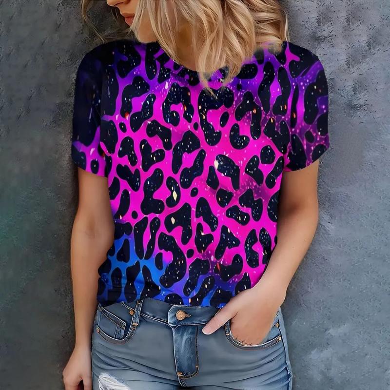 Fashion Women's Simple Short Sleeve 3D Color Printed Crew Neck T-Shirt Comfortable Short Sleeve