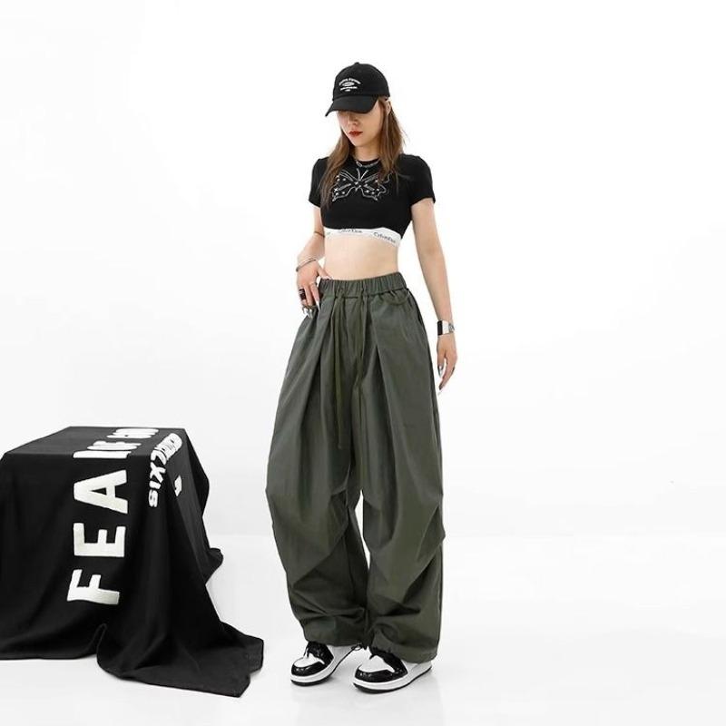 American Street Dance Hip Hop Quick Drying Drawstring Cargo Pants Jazz Women New Solid High Waist Pocket Loose Straight Trousers