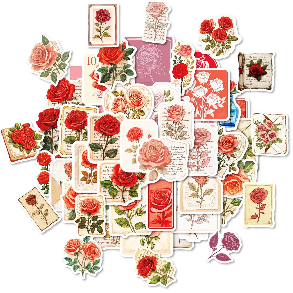 New 50 Retro Red Rose Graffiti Stickers High-value Romantic Rose Suitcase Computer Decoration Stickers