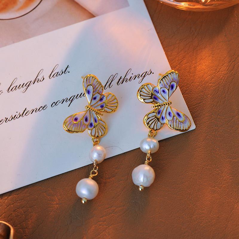 

Oil Painting Butterfly Earrings with Freshwater Pearl Tassels - Baroque Chinese-French Retro A10288 зелёный