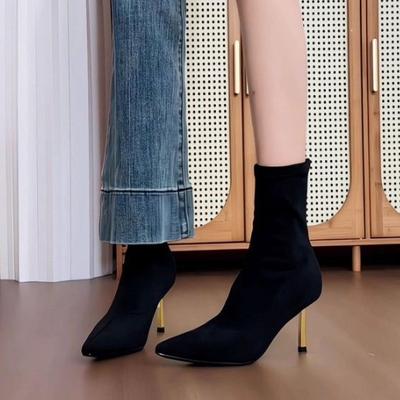 Winter Thin Boots Women's Banquet High Heel Boots Internet Celebrity Black Thin Heel Tube Elastic Boots Personality Pointed Versatile