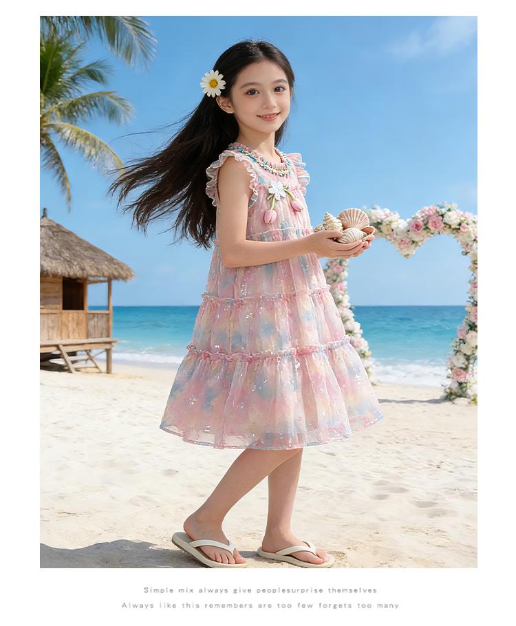 Girls' Summer Tank Top Skirt 2026 New Style Children's Sweet Little Girl Seaside Sprinkle Silver Flower Flying Sleeve Dress
