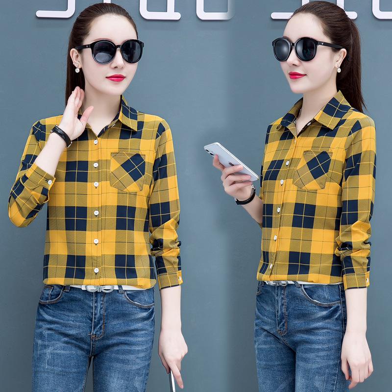 2025 Women's Korean Style Plaid Slimming Shirt - Casual Long Sleeve Print for Spring & Autumn Students