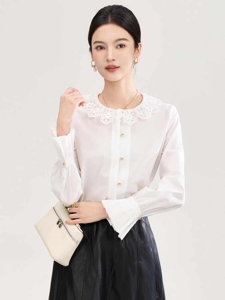 Anti-Wrinkle French Style Lace-Embroidered White Cotton Shirt