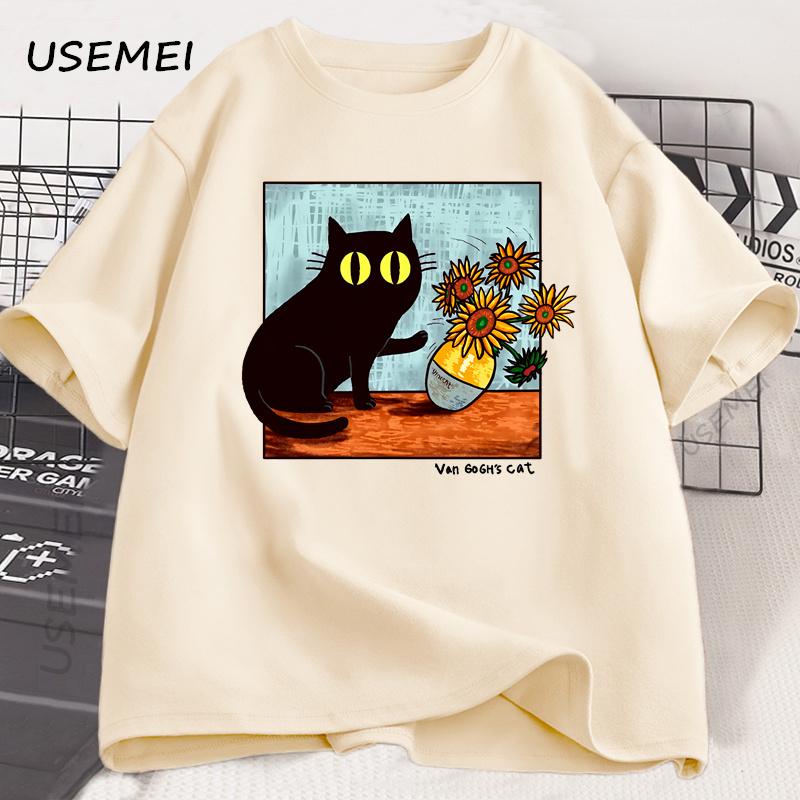 Van Gogh Cat Graphic T Shirts Men Women Flower Black Cat T-shirt Round Neck Cotton Short Sleeve Trendy Tee Shirt Streetwear