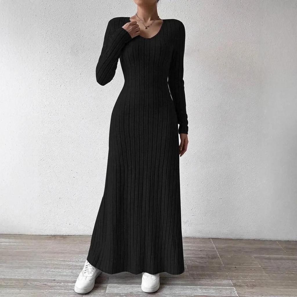 Fashionable Knitted Long Sleeve A- Line Streetwear Dress Women Smooths and Slims Your Silhouette Solid Color Long Dress