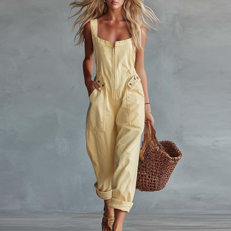 Damen Sommer Sexy Lässig Retro Quadratischer Ausschnitt Reißverschluss Vorne Jeans Overall