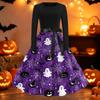 Women Crew Neck Long Sleeve Casual Fit and Flare Halloween Print Dress with Belt for Autumn Holiday Party Outfits