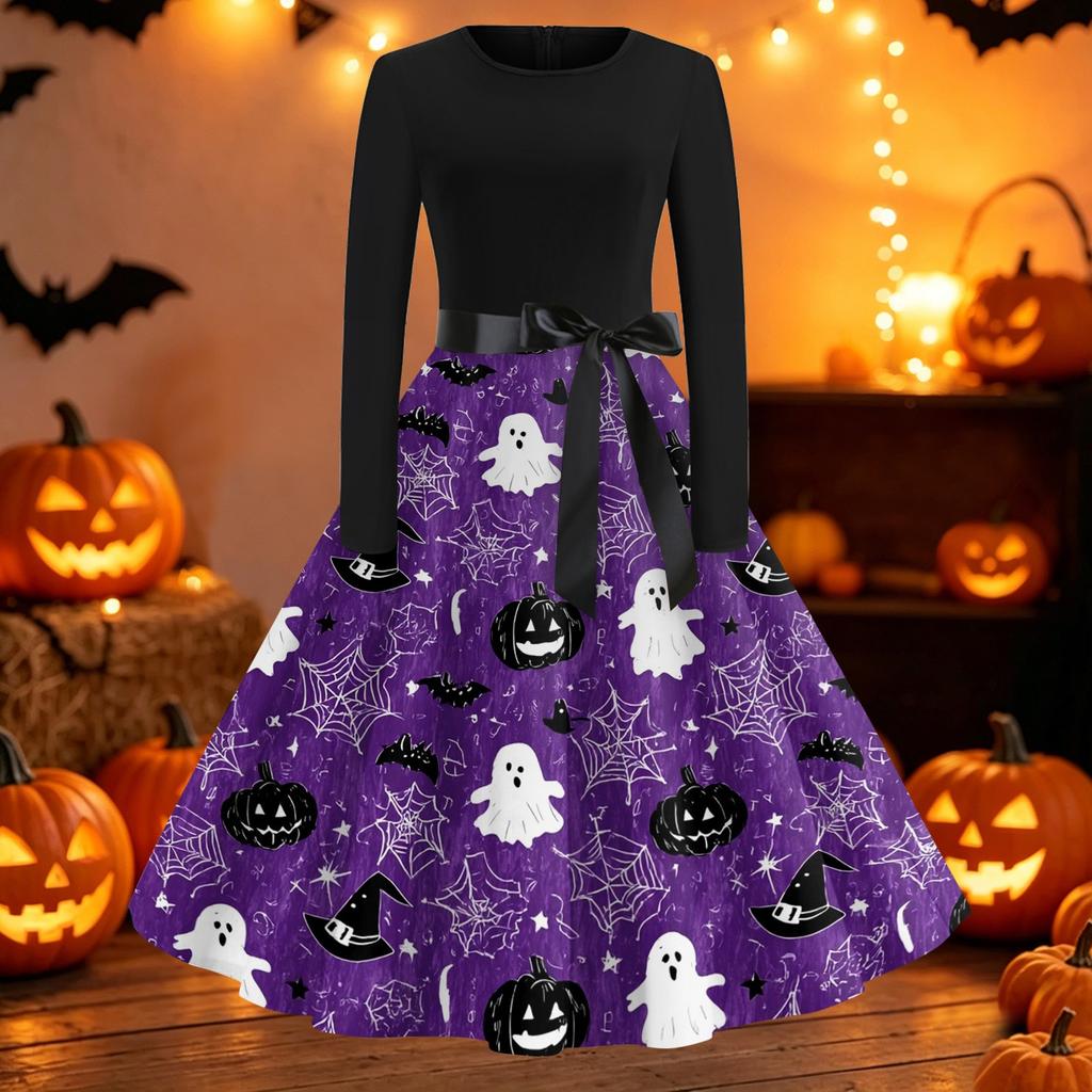 Women Crew Neck Long Sleeve Casual Fit and Flare Halloween Print Dress with Belt for Autumn Holiday Party Outfits