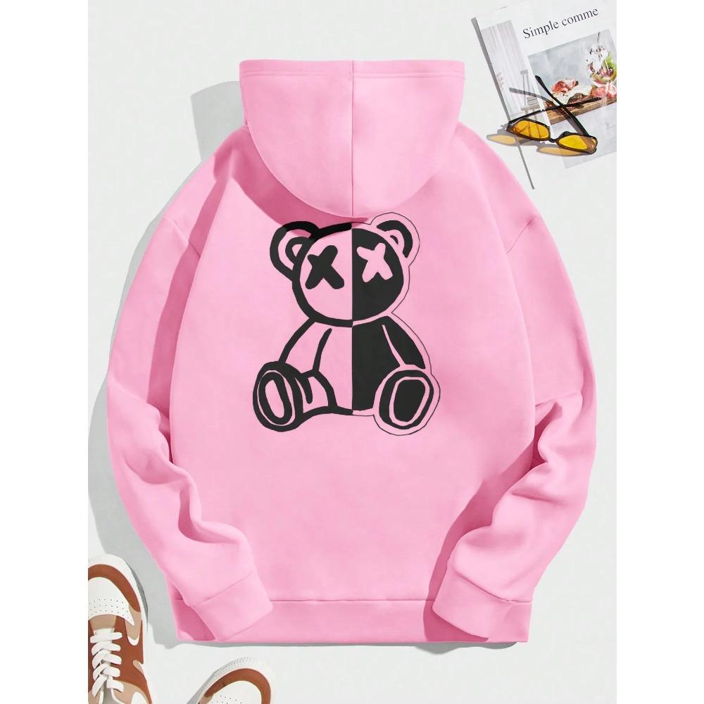 Winter Loose and Comfortable Hoodie Men's Cartoon Bear Print Fleece Sweatshirt Long Sleeve S-3XL