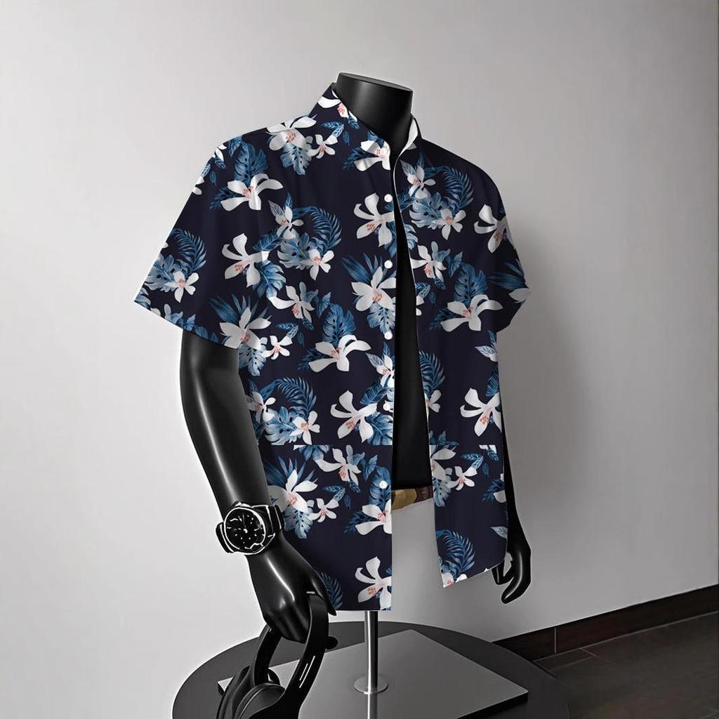 Men's Vintage Hong Kong-Style Hawaiian Floral Short-Sleeve Shirt: Trendy Summer Beachwear for Couples