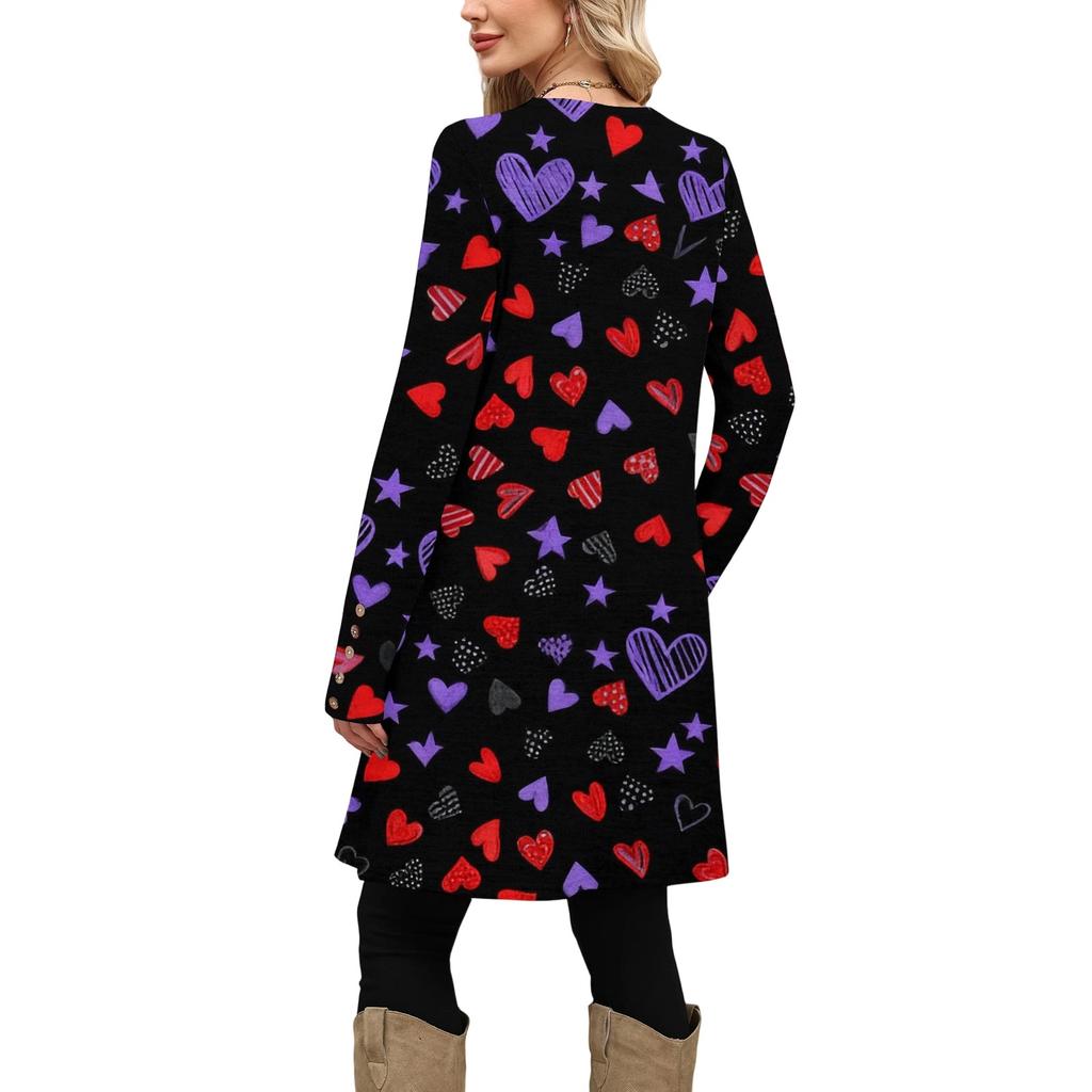 Women's fashion casual pocket decorative button dress round neck long sleeve printed dress