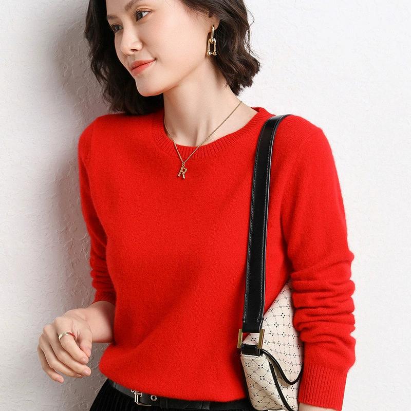 Spring and Autumn Women's Sweater Pullover Knit Sweater Round Neck Long Sleeve Sweater Bottom Shirt Solid Color Sweater