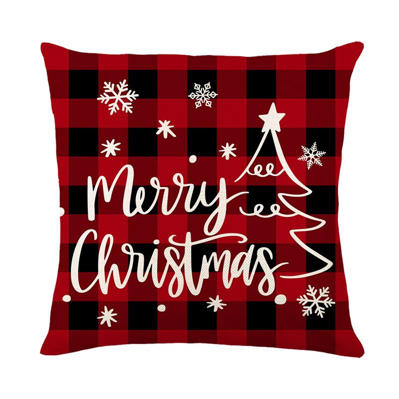 Poinsettia Black Check Pillow Cover Linen Printed Christmas Tree Letter Pillow Cover Cushion Cover