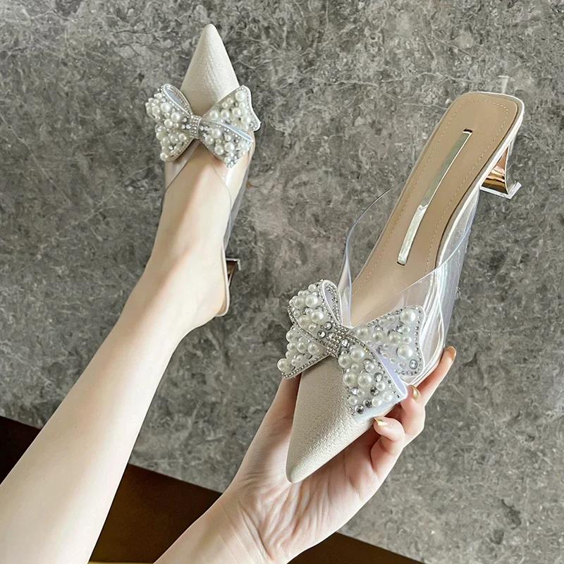 Fashion Sweet Shoes for Women Lovely Slippers Women Basic Slides Strange High Heels Solid Pointed Toe Butterfly-knot Summer Slippers