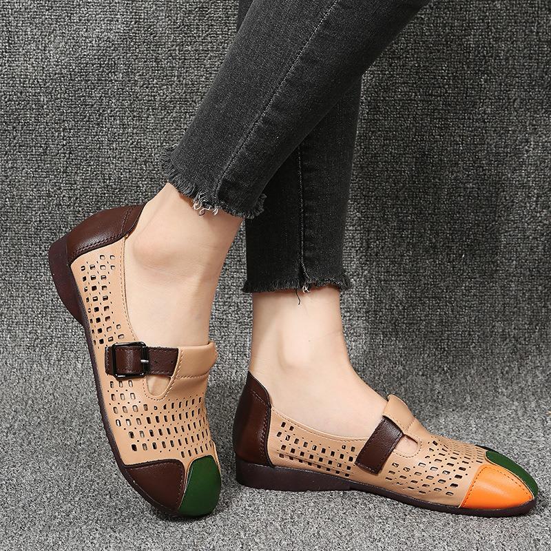 Chaussures de maman d'âge moyen en tendon de vache grande taille pour femmes, chaussures creuses à fond plat, confortables et décontractées