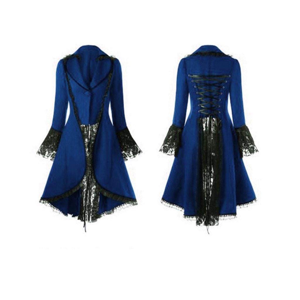 Women Vintage Long-sleeved Waist Back Bandage Lace Stitching Jacket OverCoat