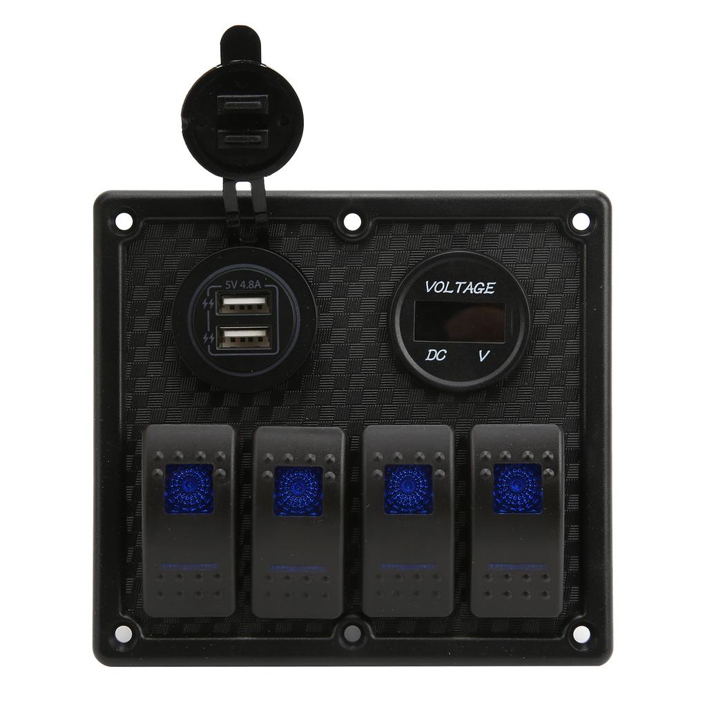 4 Gang Rocker Panel 5Pin with Voltmeter 4.8A Dual USB Fast Charging Slot for Car RV Yacht