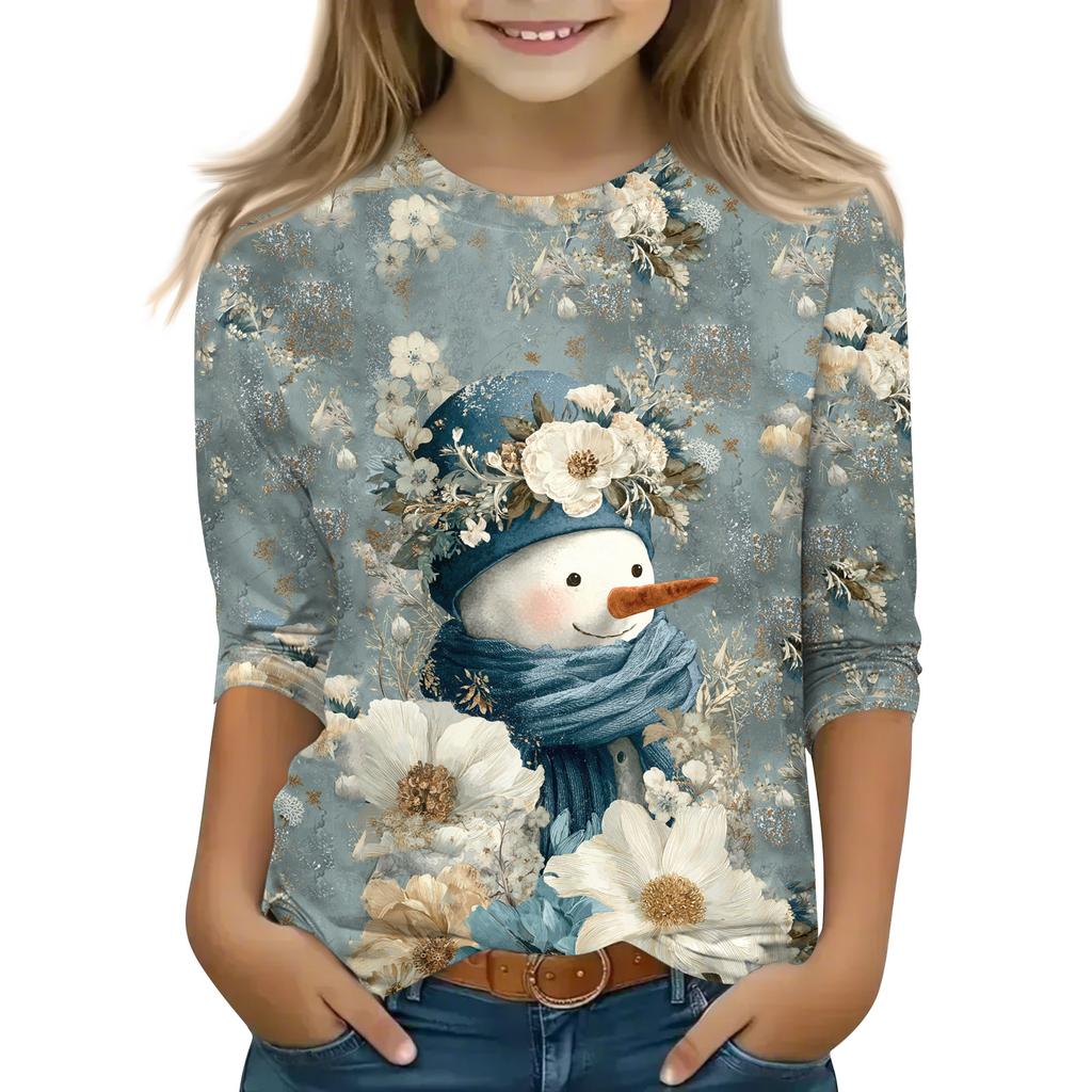 Jule trykk topper for unge jenter 4-11 år rund hals 3/4 ermer T-skjorter trendy topper antrekk tees