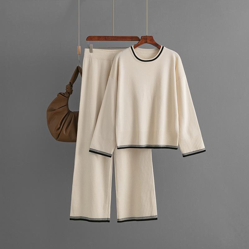 QICED Knitted Casual Women's Wear Autumn and Winter Color-blocking Long-sleeved Fashionable Two-piece Suit for Women