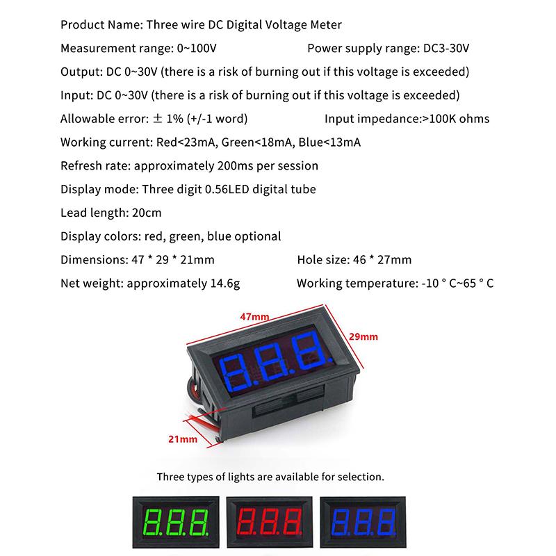 DC 100V 10A 0.56 Inch Mini Red Green Blue LED Display Panel Voltage Meter Voltmeter Home Use Voltage 3 Three Digital