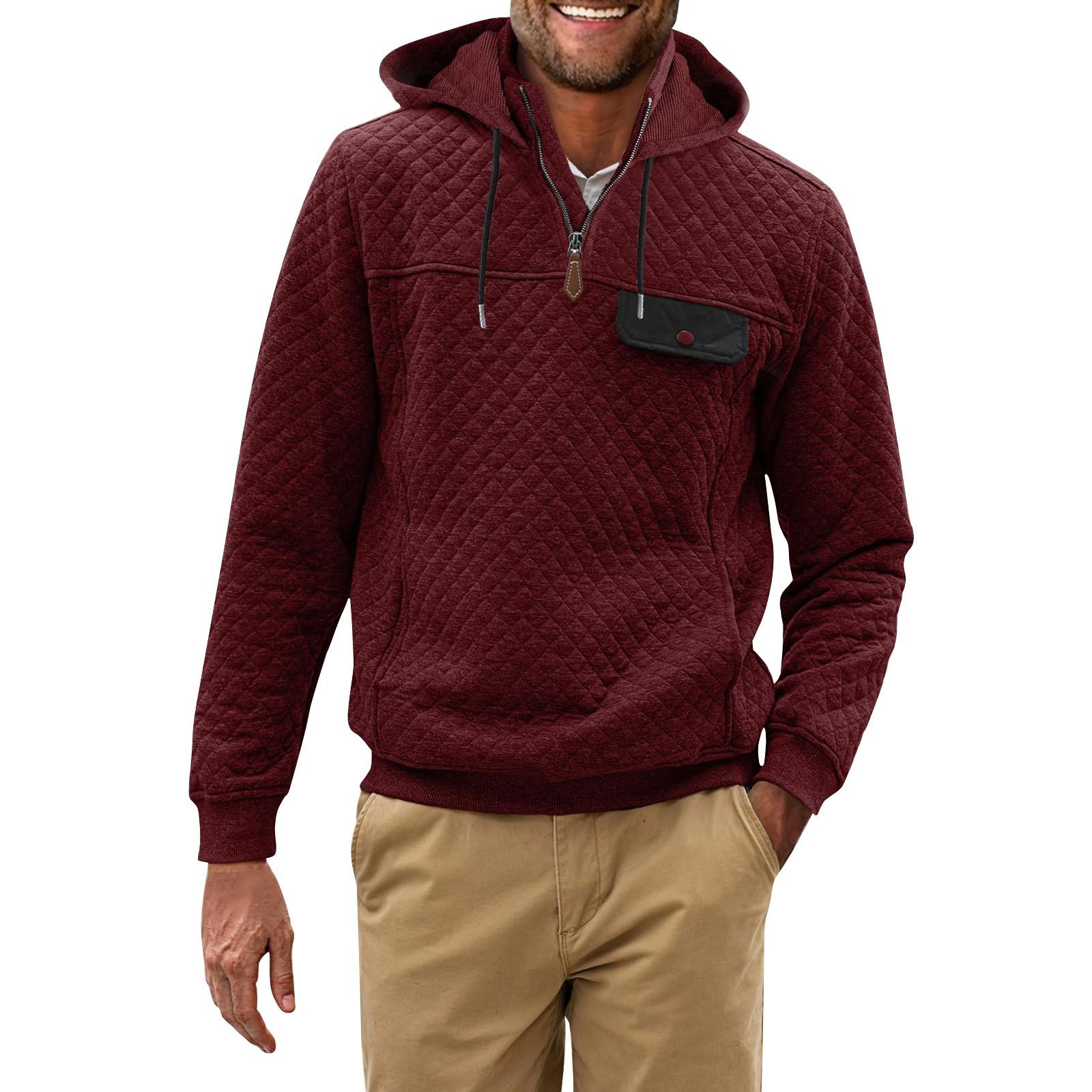 

Мужская однотонная клетчатая толстовка с капюшоном Мужская повседневная толстовка с капюшоном и карманом на половину молнии XXL винный