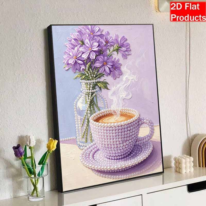 DIY Frameless Pearl Painting Kit Purple Coffee Cup and Floral Vase 3D Shiny Bead Art Canvas Relaxing Craft for Home Wall Decor Gift