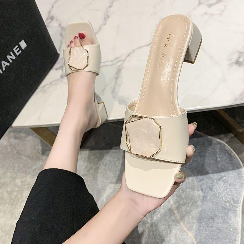 Neue Sommer Internet-Berühmtheit Dicke Ferse Coole Pantoletten Offene Zehen Tragen Mittelhoher Absatz Schleife Schuhhalter Mode Trendige Pantoletten Damenschuhe