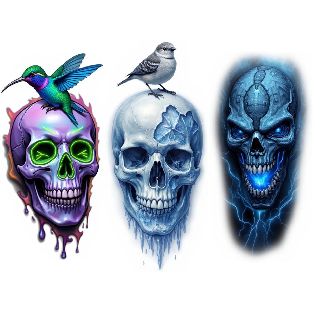 3pcs Temporary Tattoo Realistic Temporary Tattoos Skull With Flowers Skull With Butterfly Skull With Worm For Adults Women