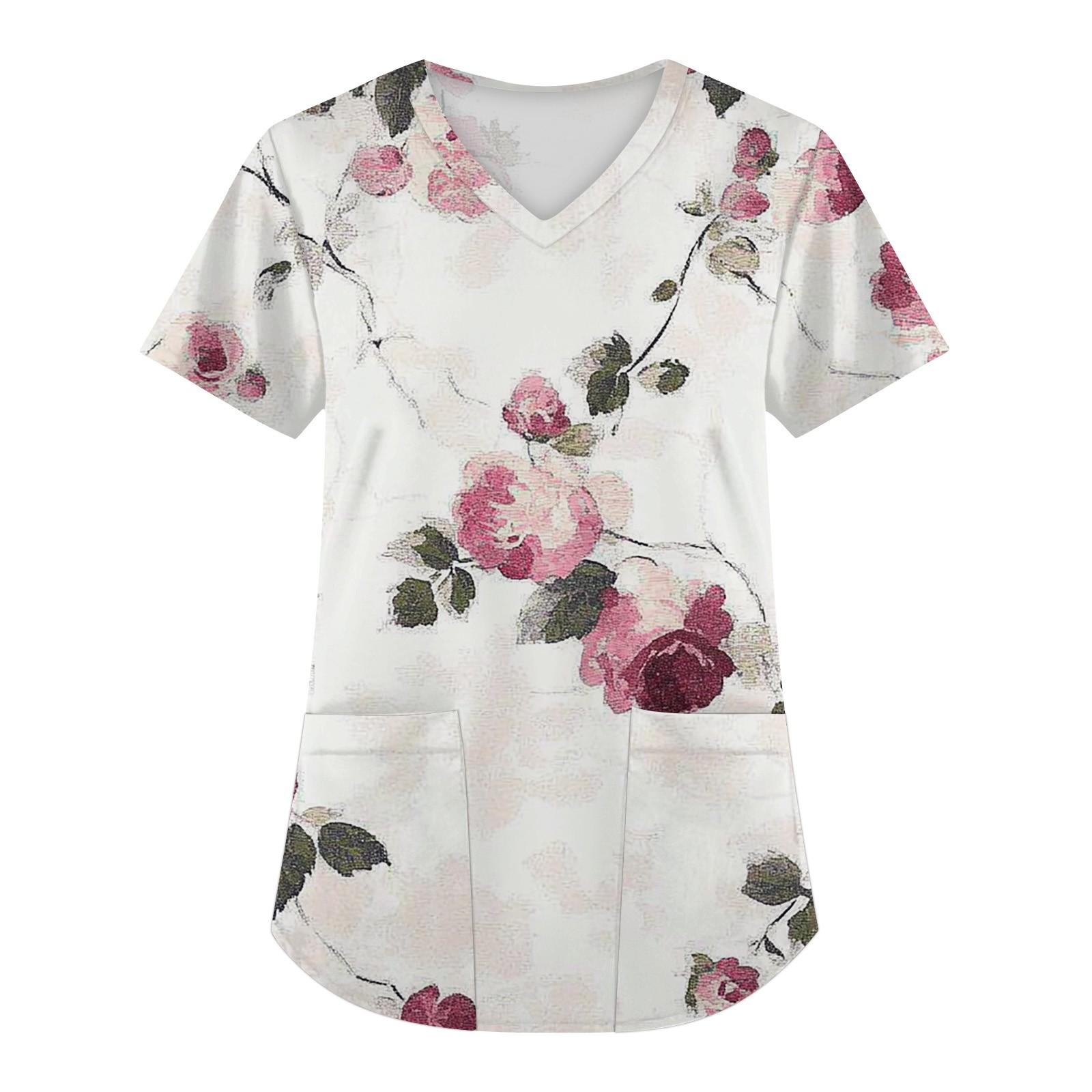 

Женская мода с коротким рукавом и V-образным вырезом с карманами и цветочным принтом Топы Одежда M