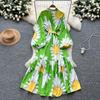 Chic Vintage Sexy Buttonn Ruched  Print Slim Elegant Fairy Summer  Korean Fashion Boho Sundress Women Clothing Long Dress
