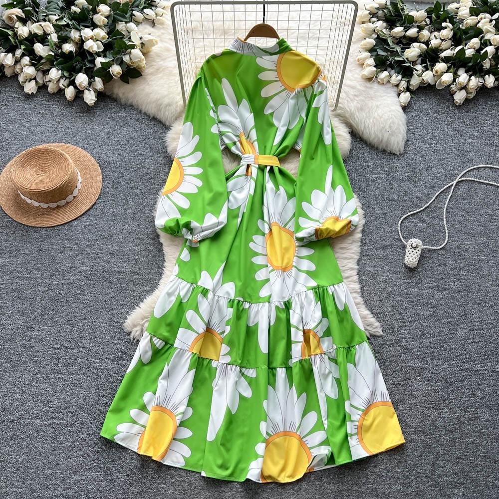 Chic Vintage Sexy Buttonn Ruched  Print Slim Elegant Fairy Summer  Korean Fashion Boho Sundress Women Clothing Long Dress