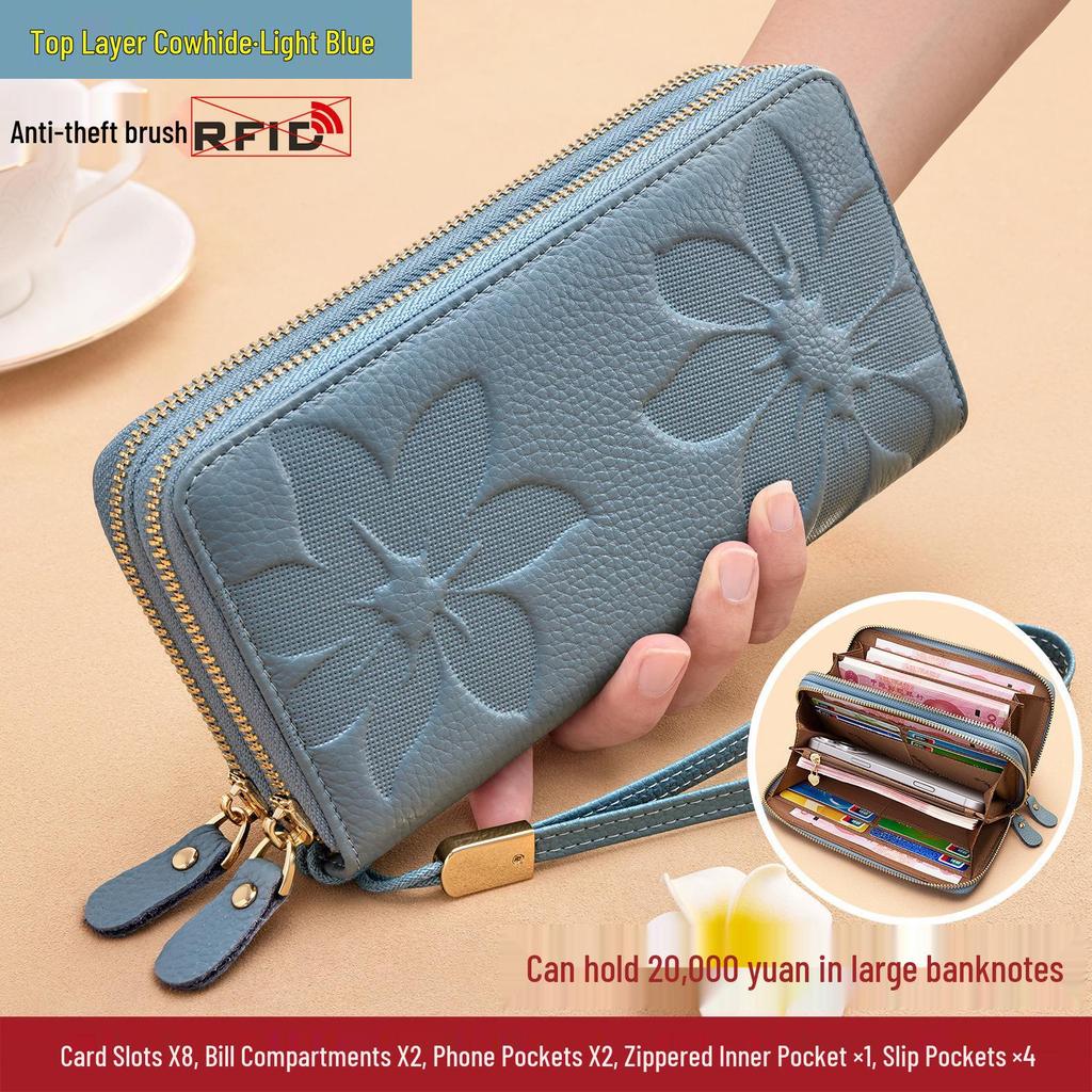 Damen Große Kapazität Rindsleder Litschi-Narben Doppelreißverschluss Clutch Geldbörse