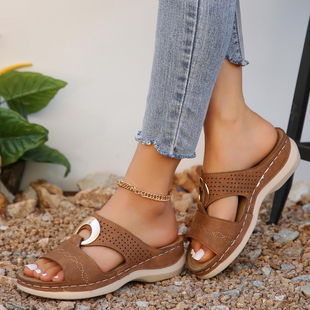 Summer Women's Toe-Exposing Sandals Casual Metal Buckle Sandals Wedge Heel with Thick Sole Openwork Slip-On Women's Shoes