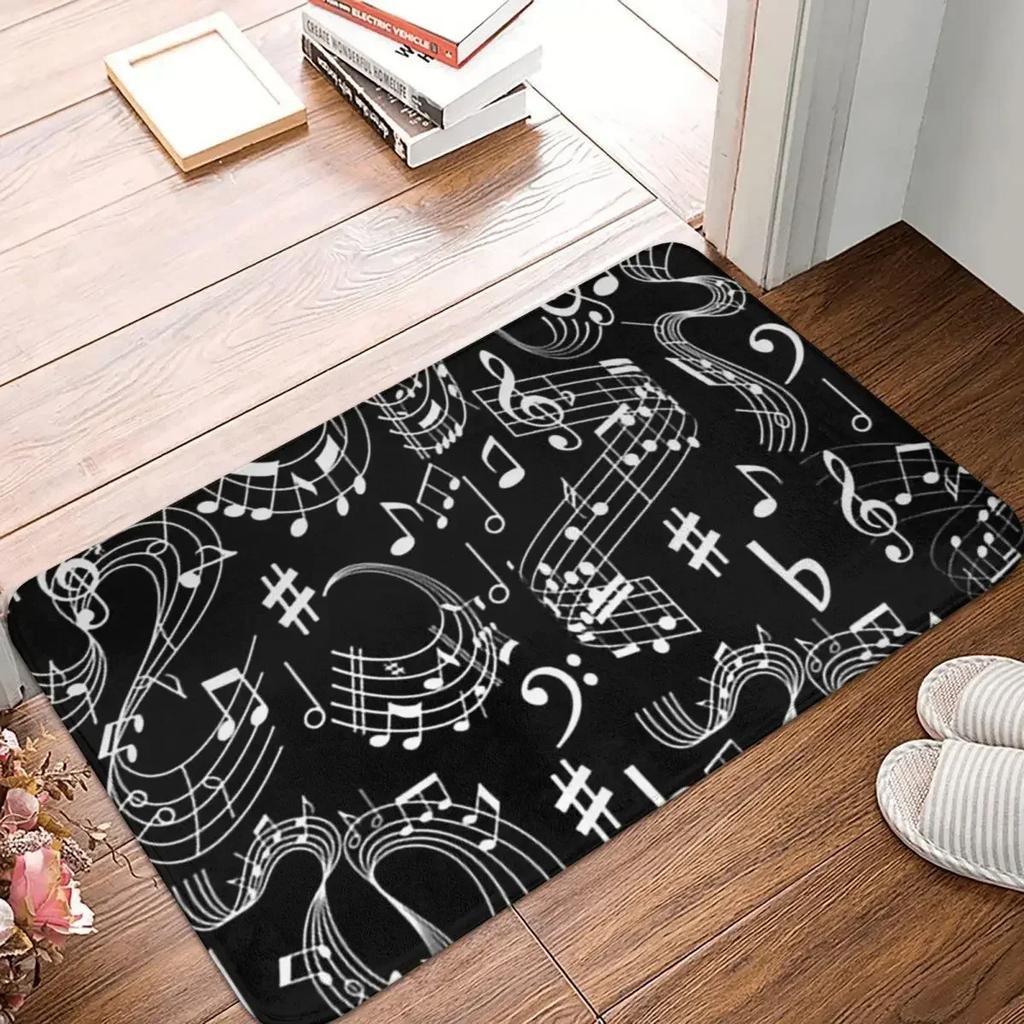 Melodic Music Notes Floor Mat - Elegant Black and White Décor for Living Rooms, Perfect for Music Lovers and Home Accents