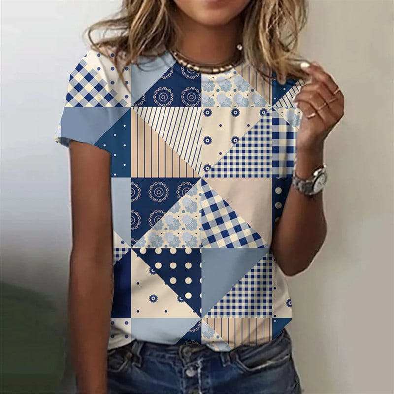 Stripe grid retro pattern 3D printed T-shirt for women's round neck T-shirt