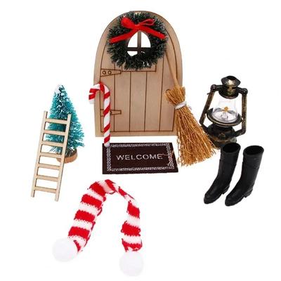 Weihnachten 1:12 puppe Haus Dekoration Mini Elf Haus Weihnachten Miniatur Szene Holz Tür Elf Tür Zubehör