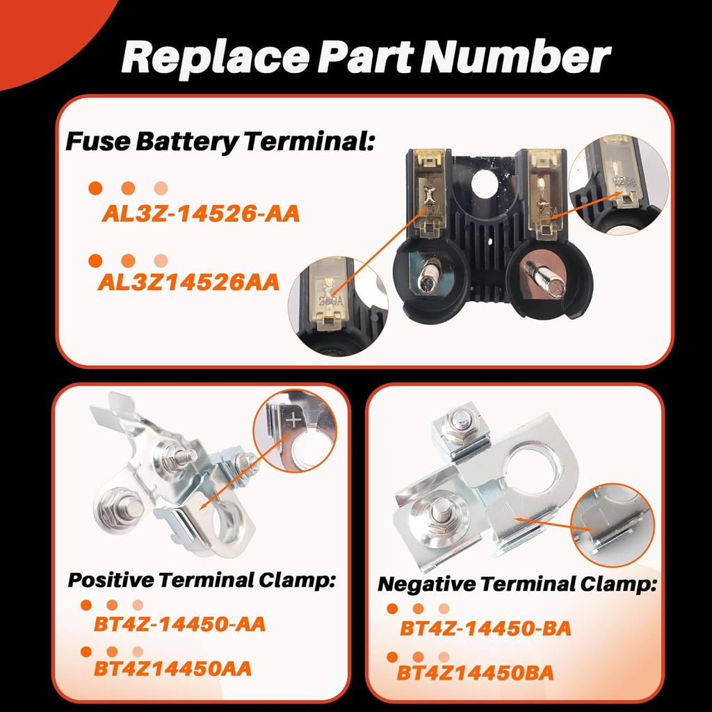 AL3Z-14526-AA BT4Z-14450-AA BT4Z-14450-BA Combo Pack - Battery Fuse And Positive & Negative Battery Terminal Clamps Compatible With Ford F-150 2011