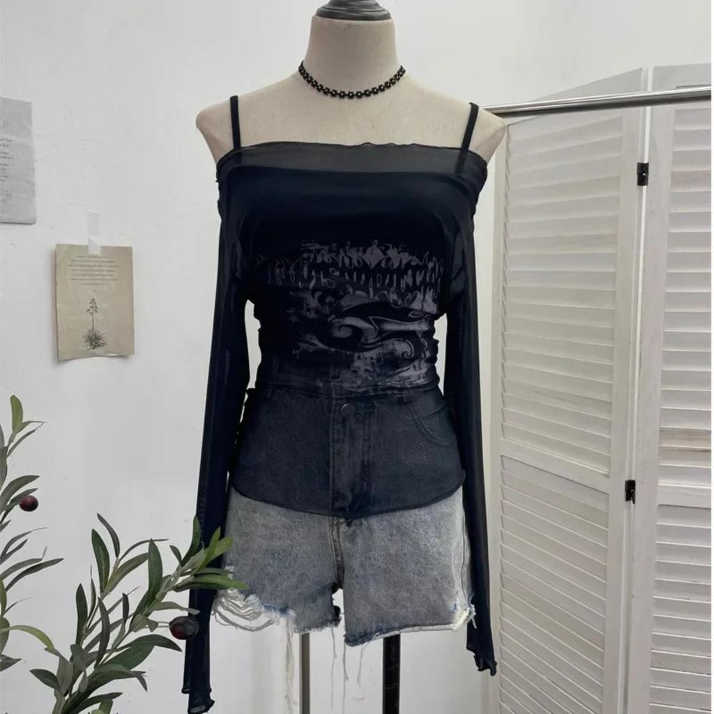 2KWEIRD Women Retro Y2K Hot Girl One Shoulder Mesh Sunscreen Cover Up Camisole Long Sleeve T-Shirt Two-piece Tops Suit Daily Outfit