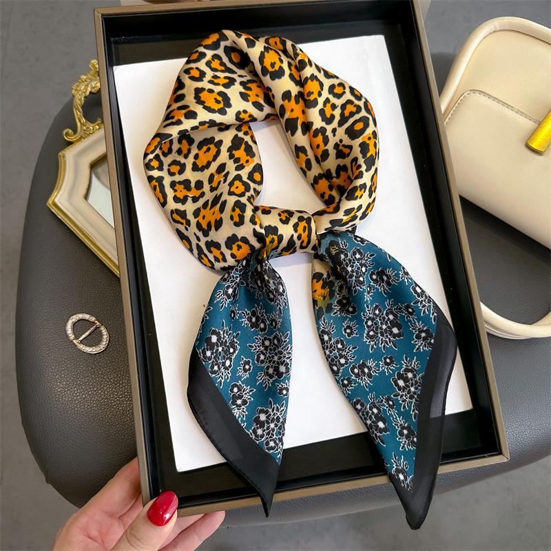 Luxury Fashion Leopard Print 70*70cm Square Scarf Women Soft Satin Hairband Neckerchief Tie Female Headband Foulard Bag Ribbon